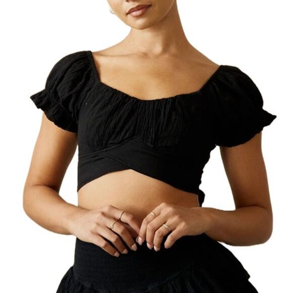 Hello Molly Womens Black Puff Sleeve Tie back Crop Top Small - Picture 2 of 5